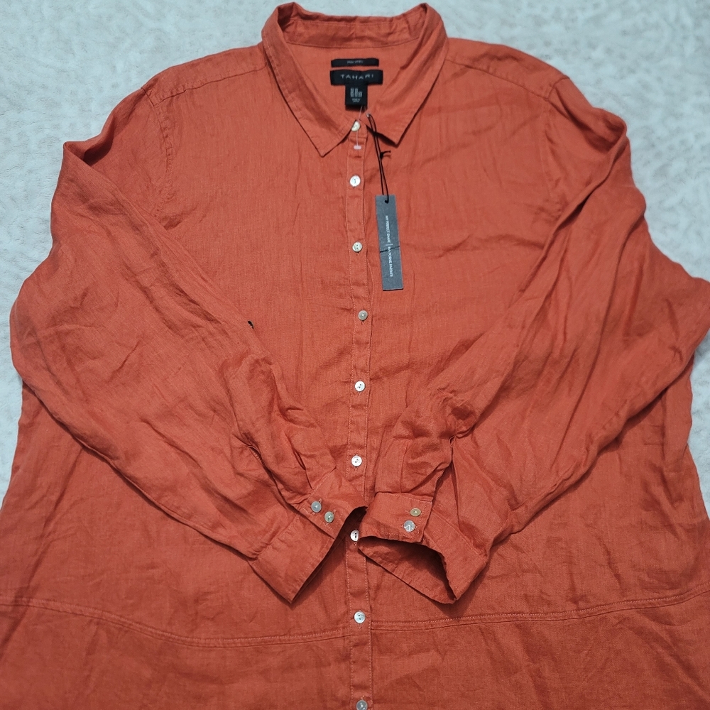 Tahari  Roll-Tab Sleeve Button Down Tunic Top Women’s Size 3X 100%Linen Orange - Picture 4 of 16